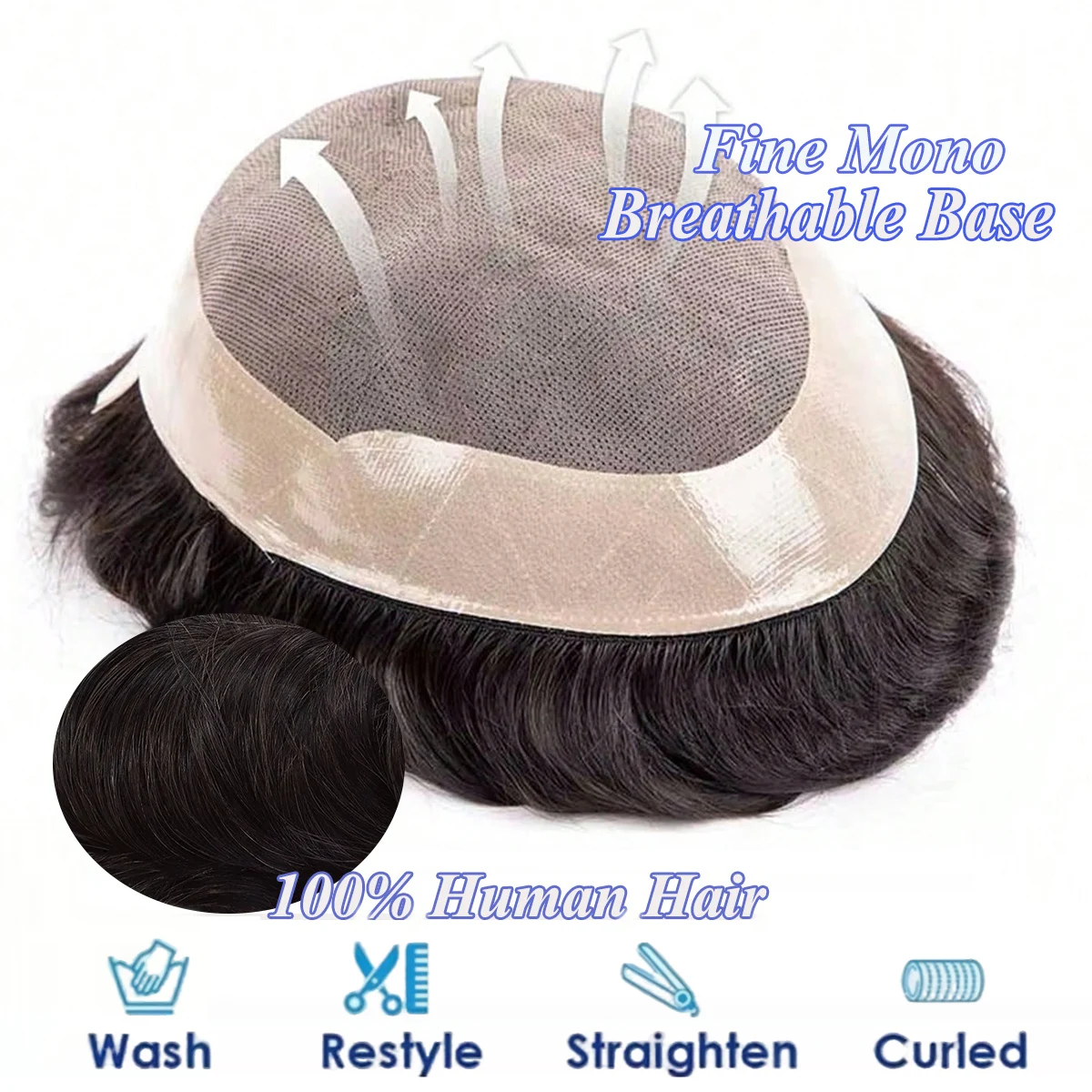 Toupet Fine Mono per Uomo in Capelli Umani Veri, Sistema Capillare Durevole per Uomini, Protesi Capillare Traspirante con Bordo in PU, Soluzione per la Perdita di Capelli Maschile - immagine 2