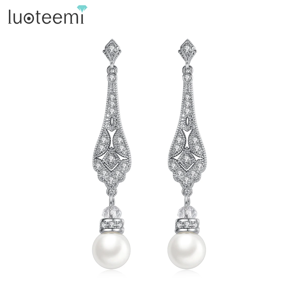 

LUOTEEMI Big Imitation Pearl Water Drop Earring Cubic Zircon Long Attractive High Quality Korean Fashion Jewelry For Girl Party