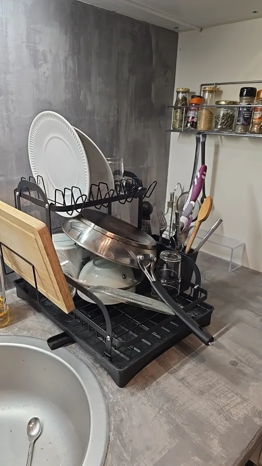 New 360° rotating storage rack double-layer kitchen tableware drying rack with drain tableware storage rack for tableware photo review