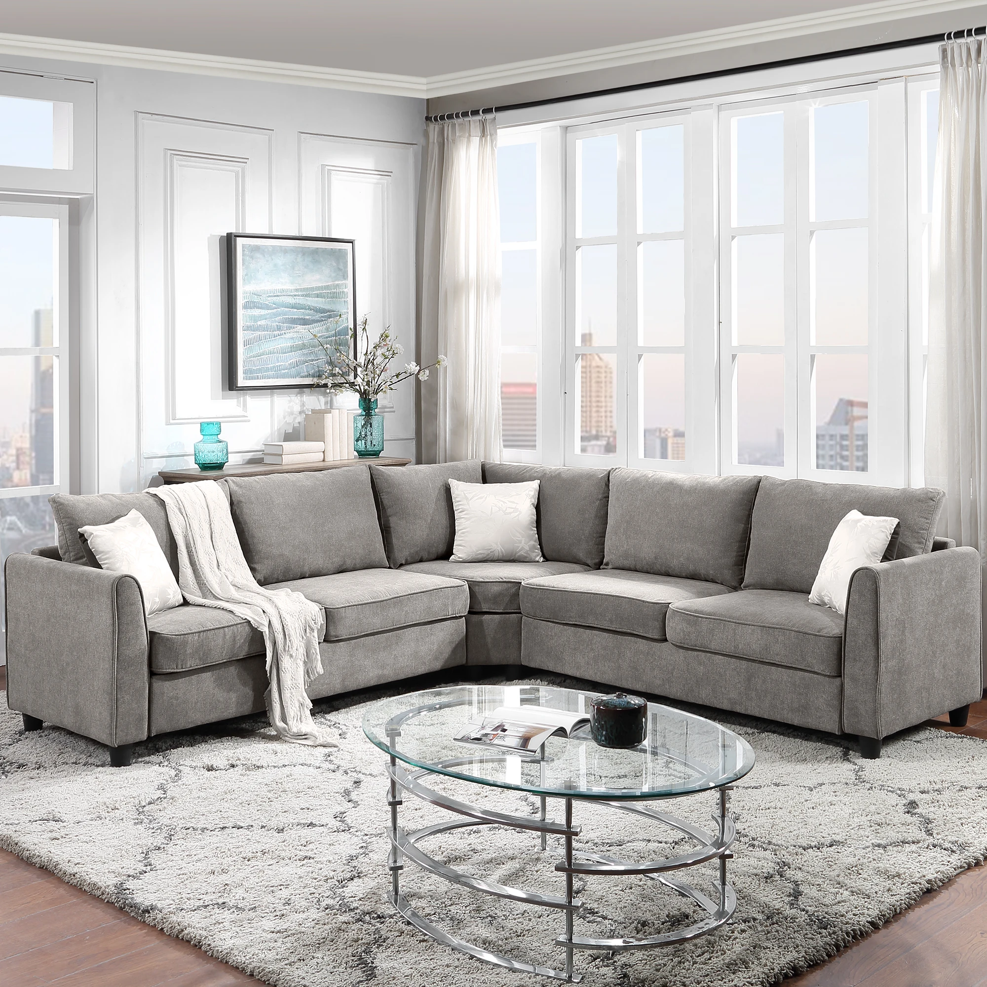 

[New]100x100" Big Sectional Sofa L Shape Fabric Couch for Home Use Grey 3 Pillows Included[US-W]