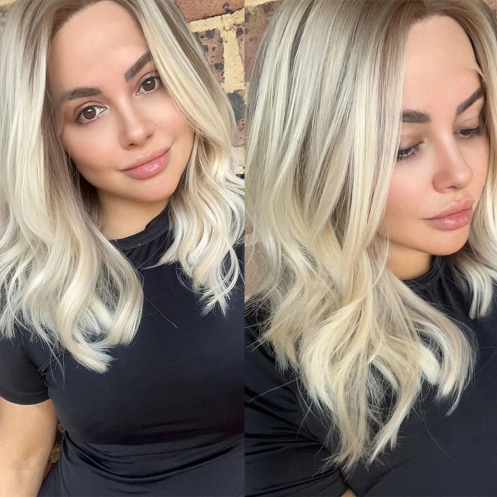 Light Blonde Balayage Synthetic Wigs 14" Wavy Humam Hair Blend Light Brown Root Beautiful Heat Friendly Fibres Lace Front wigs lace frontal wig synthetic blend wigs