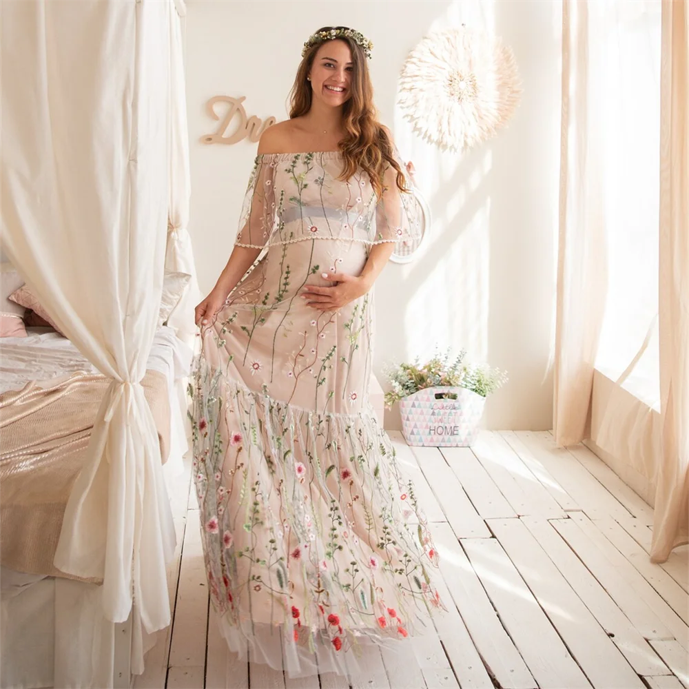 

15825# Off Shoulder Garden Flowers Leaf Embroidery Lace Wedding Dress For Pregnant Women Bride Gown Maternity Photo Shoot Dress