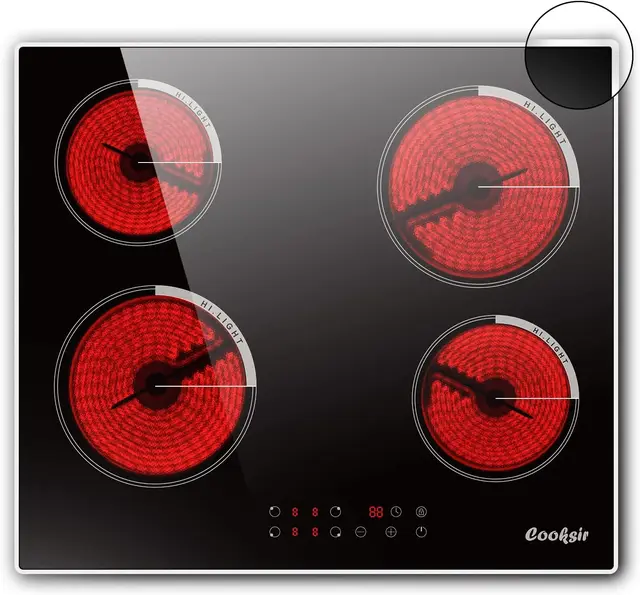 Cooksir Table de cuisson en céramique et verre 4 assiettes, plaque de cuisson intégrée de 60 cm, auto-suffiante, 6000 watts, cadre en acier inoxydable, 220 V, sans prise 1