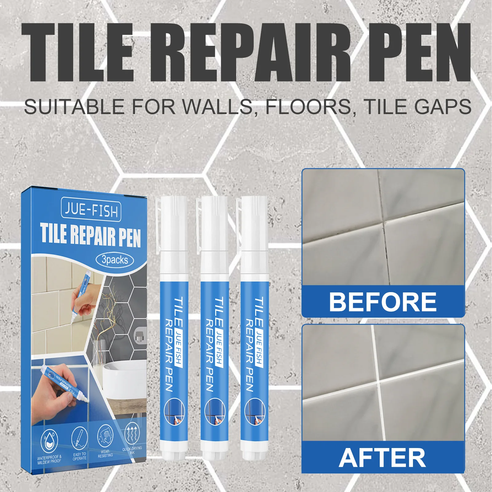 Jue Fish Ceramic Tile Filling Agent Waterproof Bathroom Grout Repair White Restorer Mildew-Proof Floor Gap Sealer Repair Pen