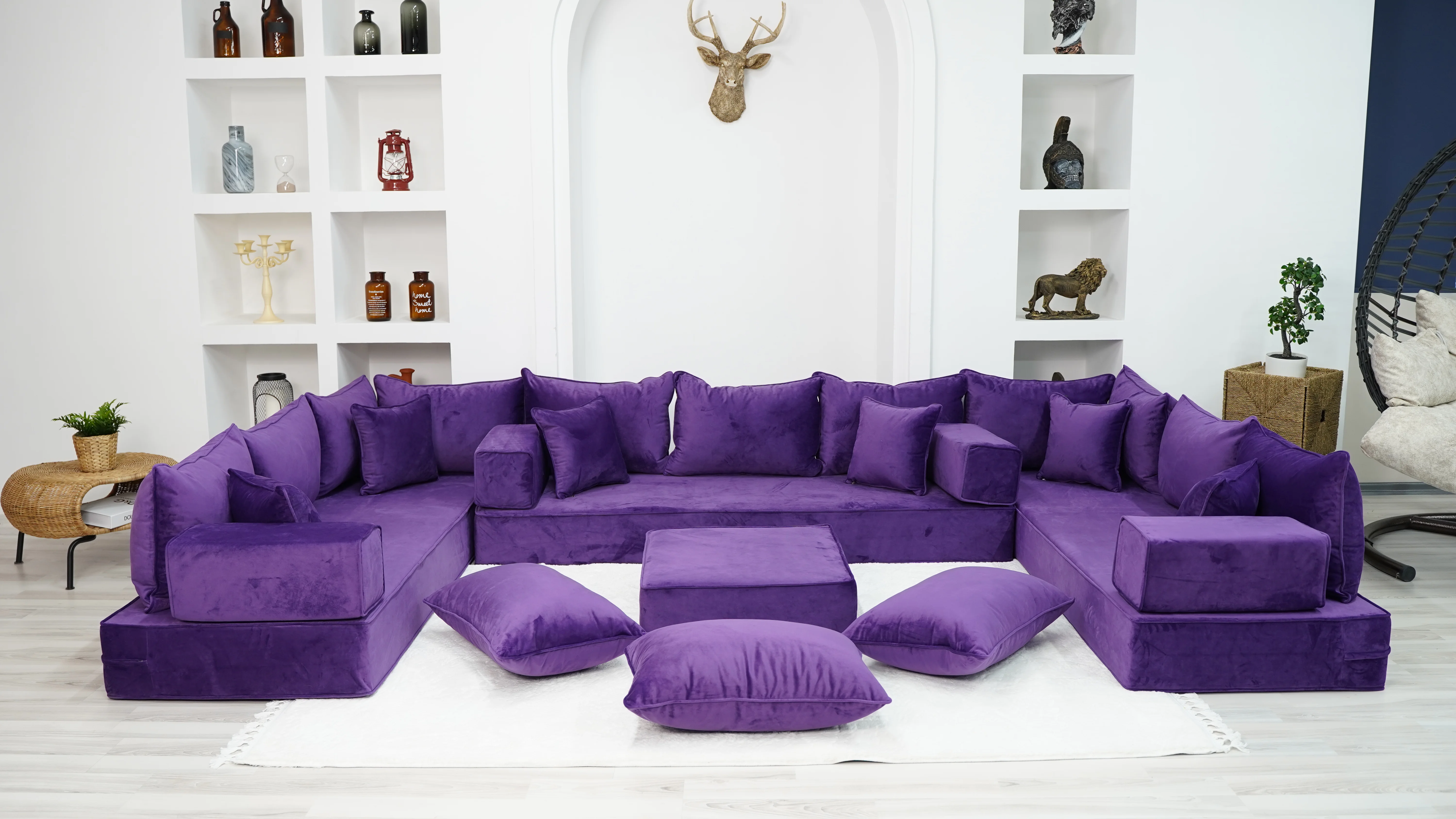 

8" Thickness Purple U Shaped Floor Seating Sofas, Sleeper Sofa, Sofa Covers, Velvet Fabric Cushions, Moroccan Home Decor