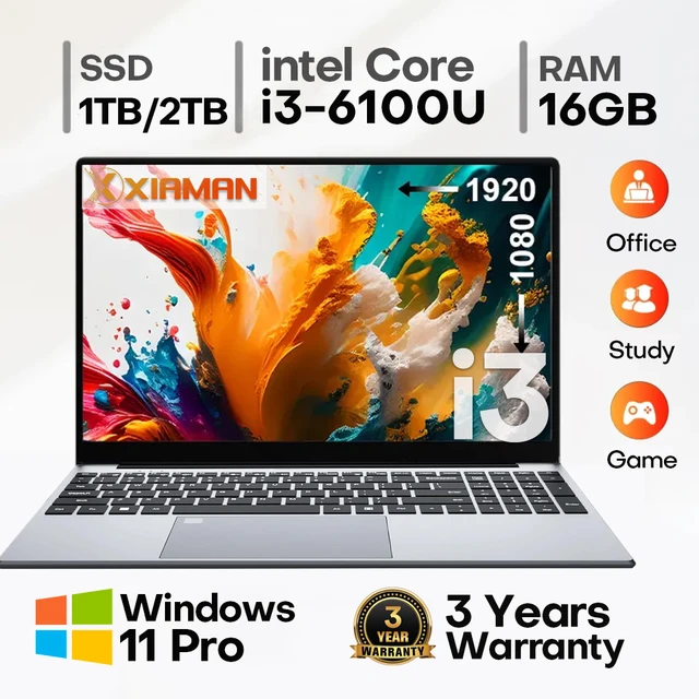 Ordinateur portable Xiaman 15,6 pouces, Intel Core i3 6100U, Windows 11 Pro, 16 Go de RAM, 512 Go + 1 To SSD, ordinateur portable portable pour le bureau et les études 1