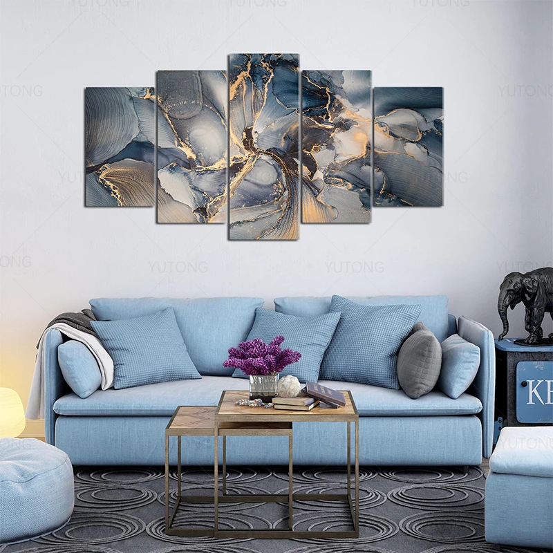 5 piece abstract Dark Blue and Gold Canvas Wall Art print Painting rose gold Wall Decor for