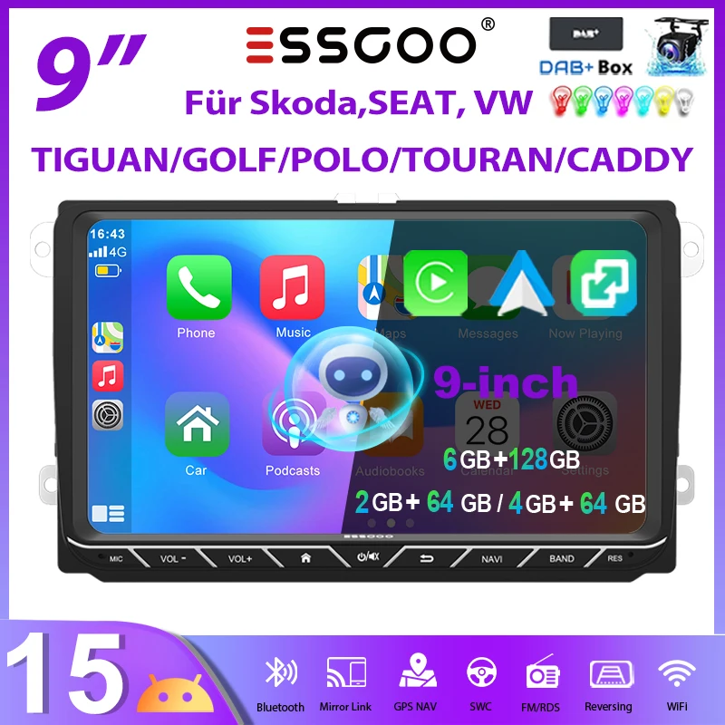 Autoestéreo ESSGOO Android15 9" 4+64G/6+128G para VW Tiguan Caddy EOS Jetta T5 Passat B6 B7 Polo 6R Golf 5 6 Touran Navegación GPS RDS WiFi 2+64G CarPlay Inalámbrico Android Auto Bluetooth FM Control de Volante Mirror 1