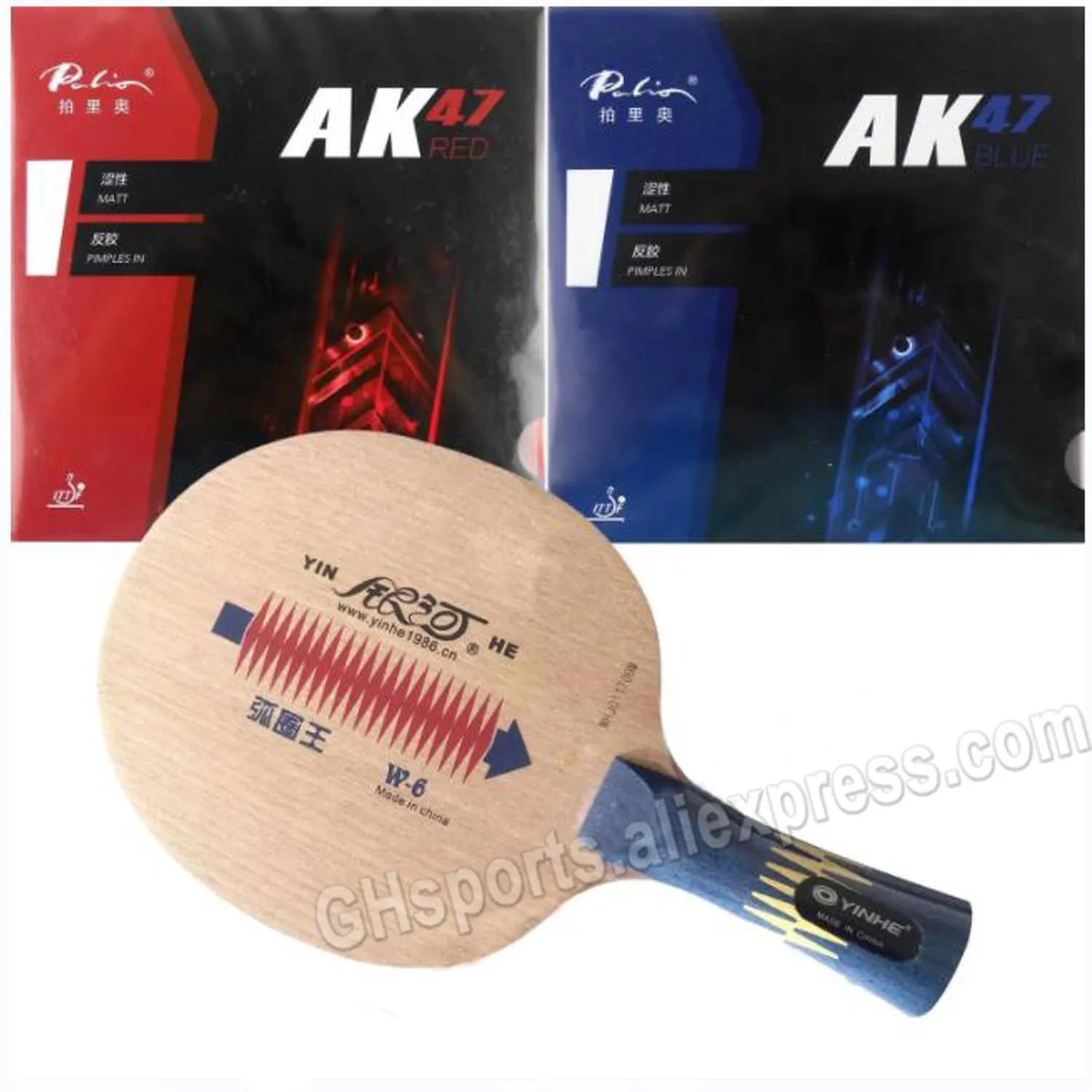 

Pro Table Tennis PingPong Combo Racket Yinhe W-6 Blade with Palio AK47 RED and AK47BLUE Matt Rubbers Shakehand long handle FL