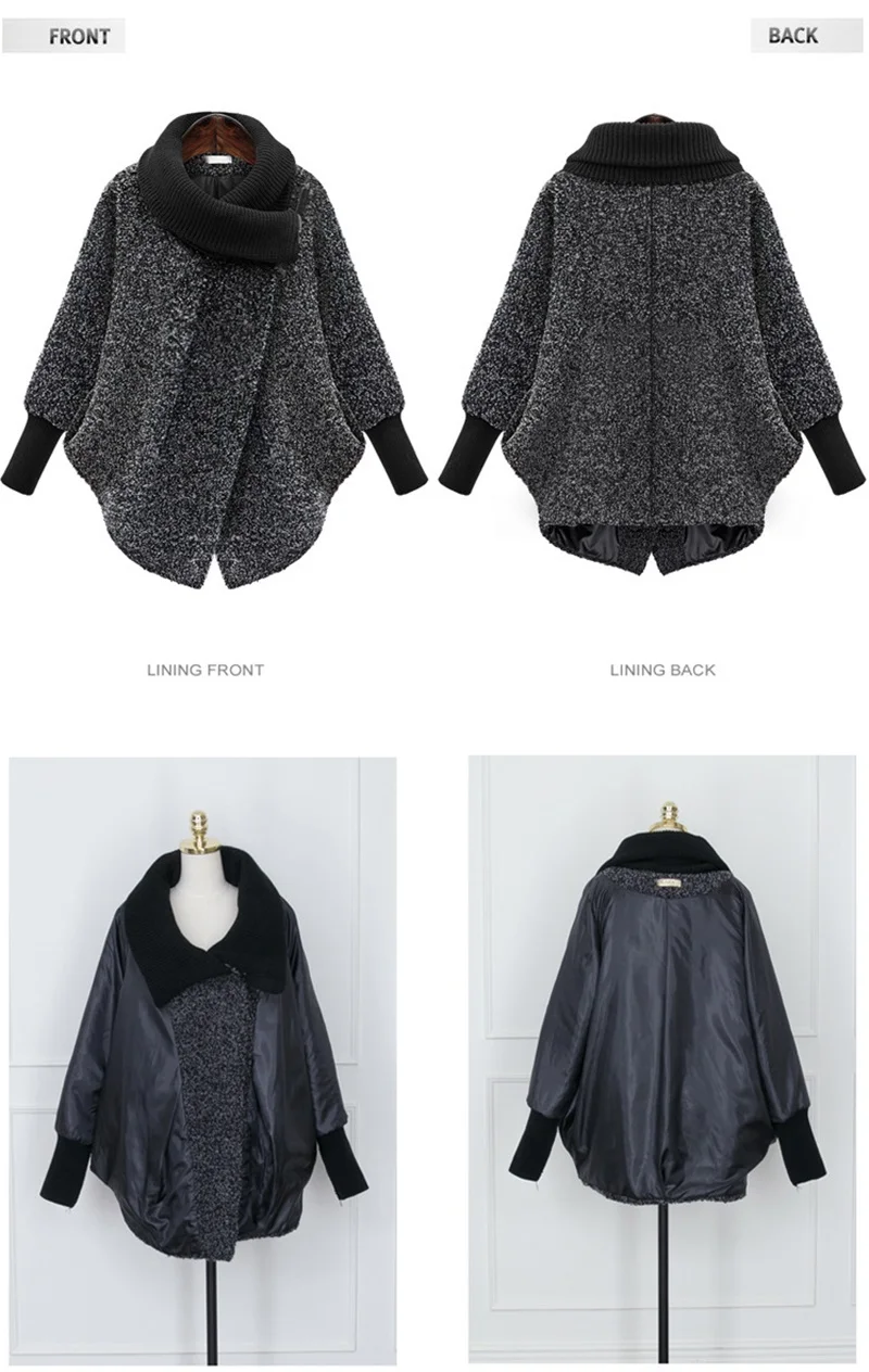 Winter Ladies Knitted Long Trench Coat Jacket Loose Causal Female Women Woolen Turtleneck Outwear Overcoat Capes Plus Size