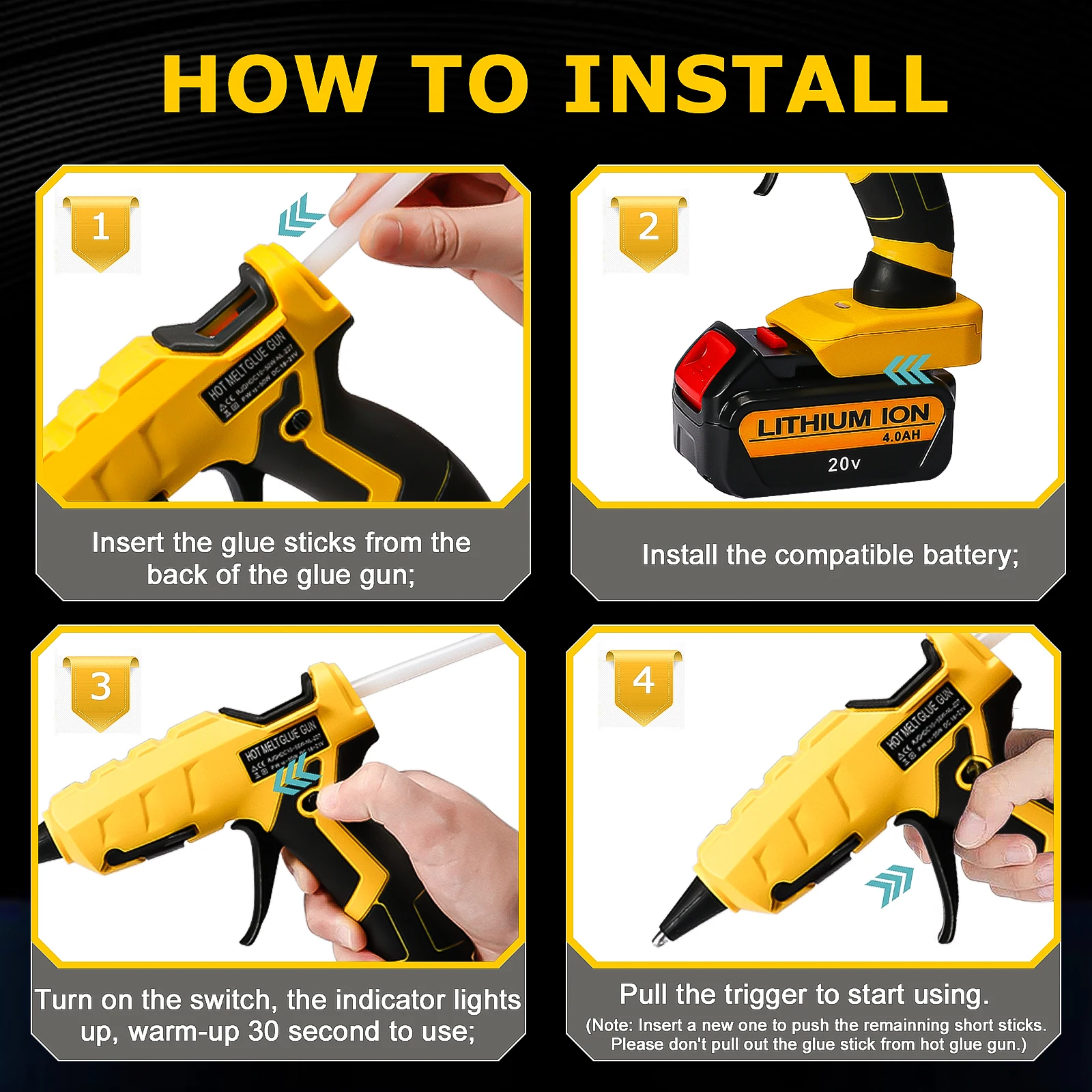 50W Cordless Hot Glue Gun for Dewalt 20V Battery with 30pcs 7mm Sticks 30s Quick