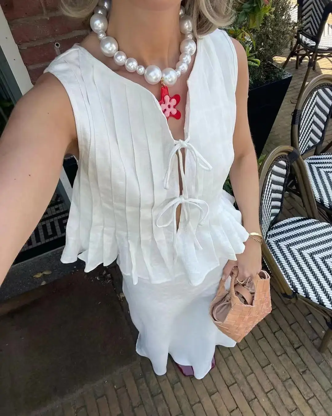Folded Ruffles Lace Up Top Skirt Suits Women White Elegant O Neck Chic Long Skirts 2 Piece Set Casual Female Outfits Streetwear