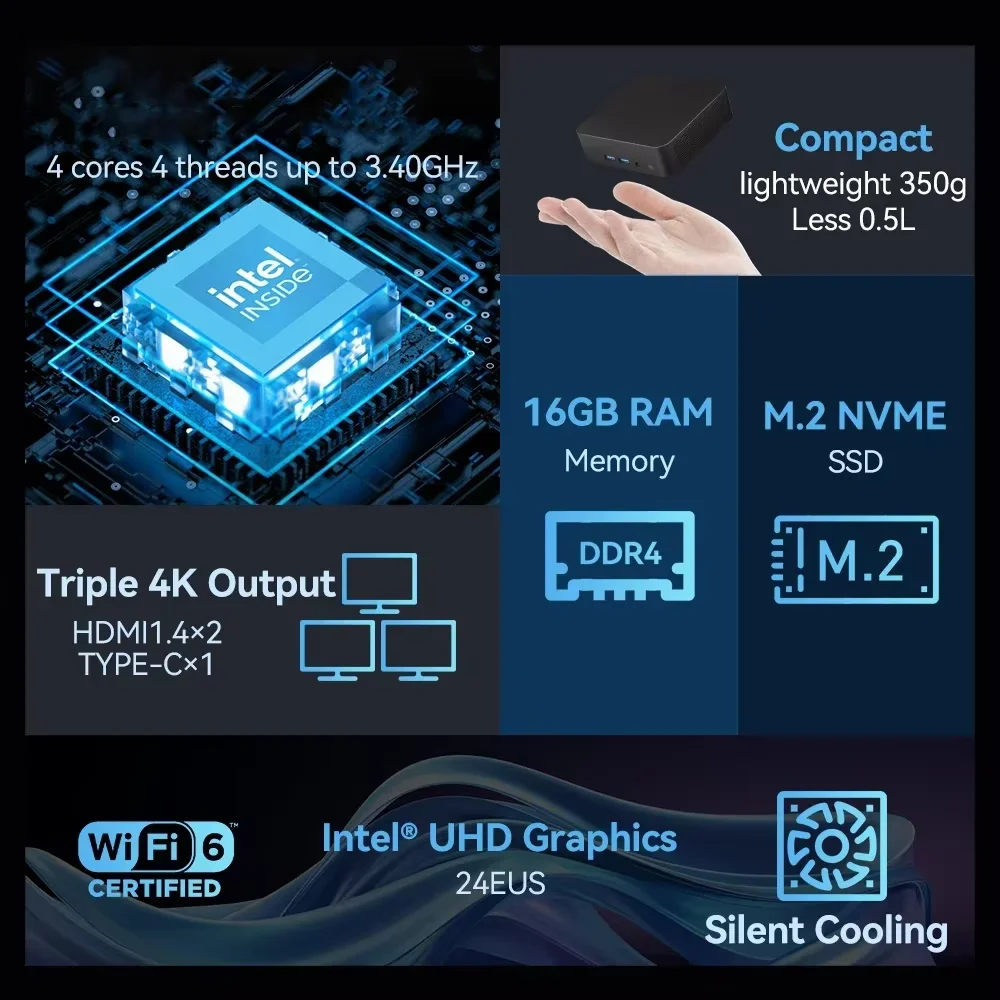 2026 Mini Host Intel Core i9 8950HK/i3 6100U 16GB DDR4 1/2TB SSD PC Windows 11 UHD Graphics Pocket PC 4K HD Mini Gaming Pc Desktop - immagine 2
