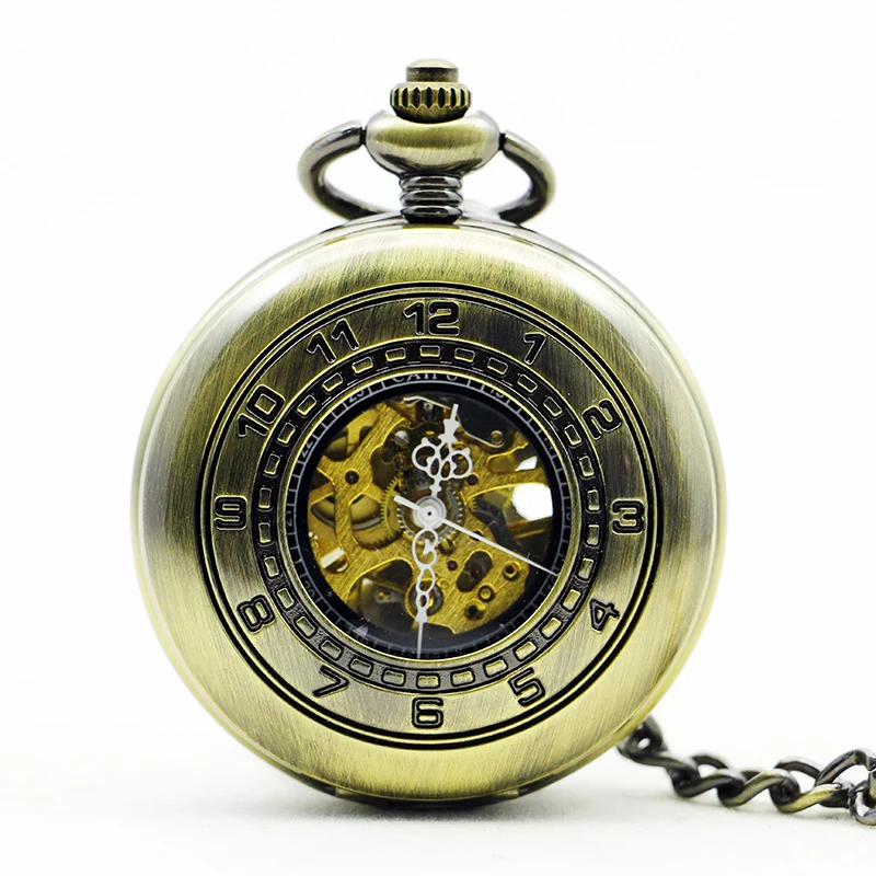 

Roman Numerals Mechanical Hand-winding Pocket Watch Bronze Fob Chain Pendant Clock Male Open Face Vintage Pocket Timepiece