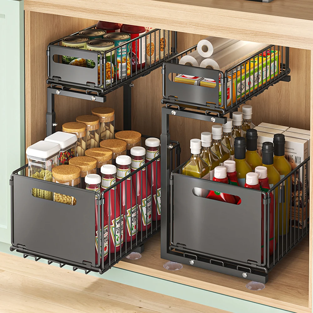 Organisateur d'armoire extractible à 2 niveaux sous l'évier, support de rangement de cuisine réglable en hauteur, support de rangement pour pots à épices, tiroir coulissant