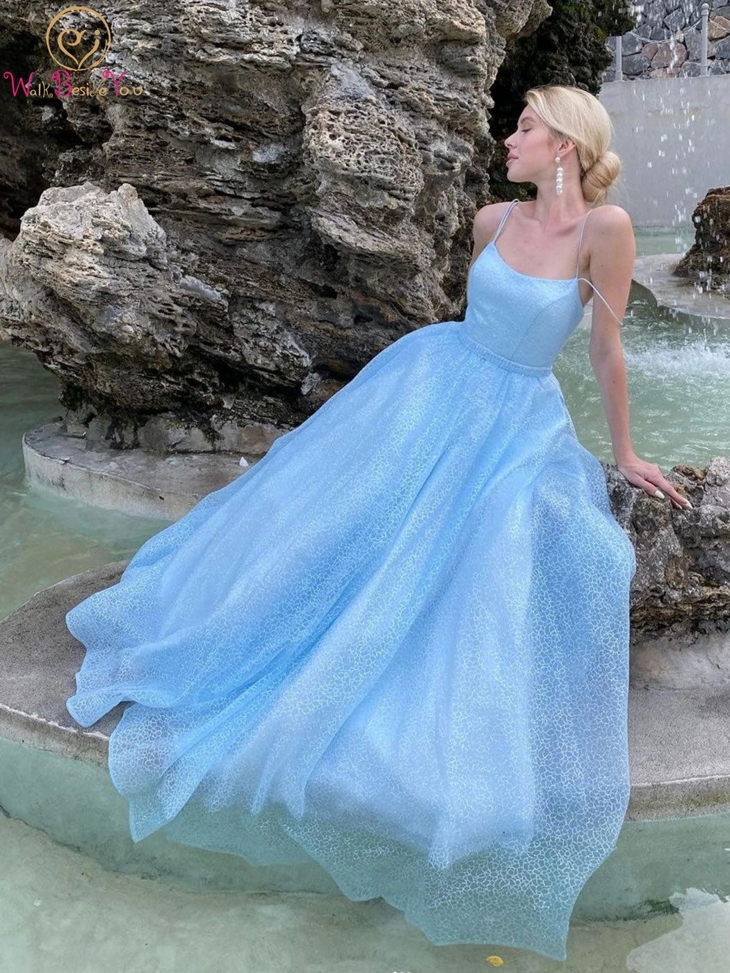 

Blue A line tulle sequin long prom dress bling sparkly spaghetto straps sleeveless a line sweep train formal evening gowns 2022