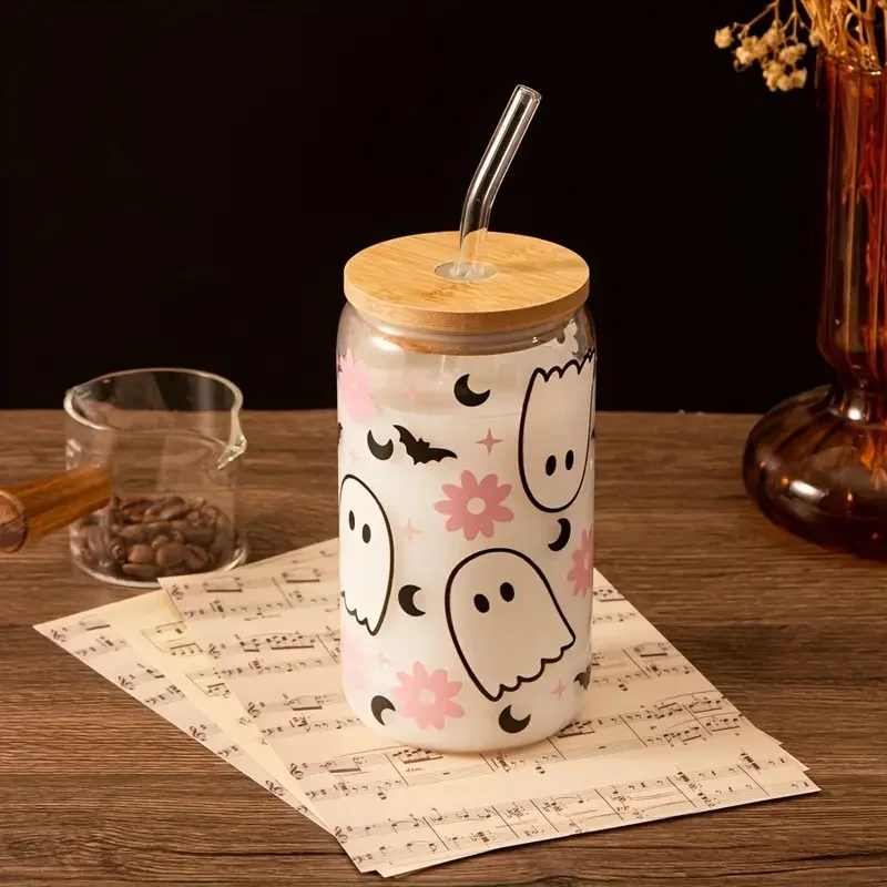 4 set of 550ml/18.7oz Halloween glass jar with bamboo lid and straw-perfect for cold drinks, suitable for juice, milk, etc.