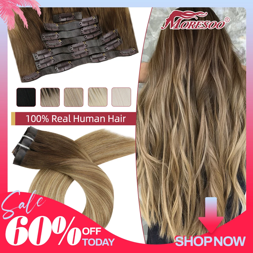 Moresoo PU Clip in Extensions Real Human Hair Straight Seamless Invisible 7pcs Balayage Ombre #3/8/22 Machine Remy Hair Natural