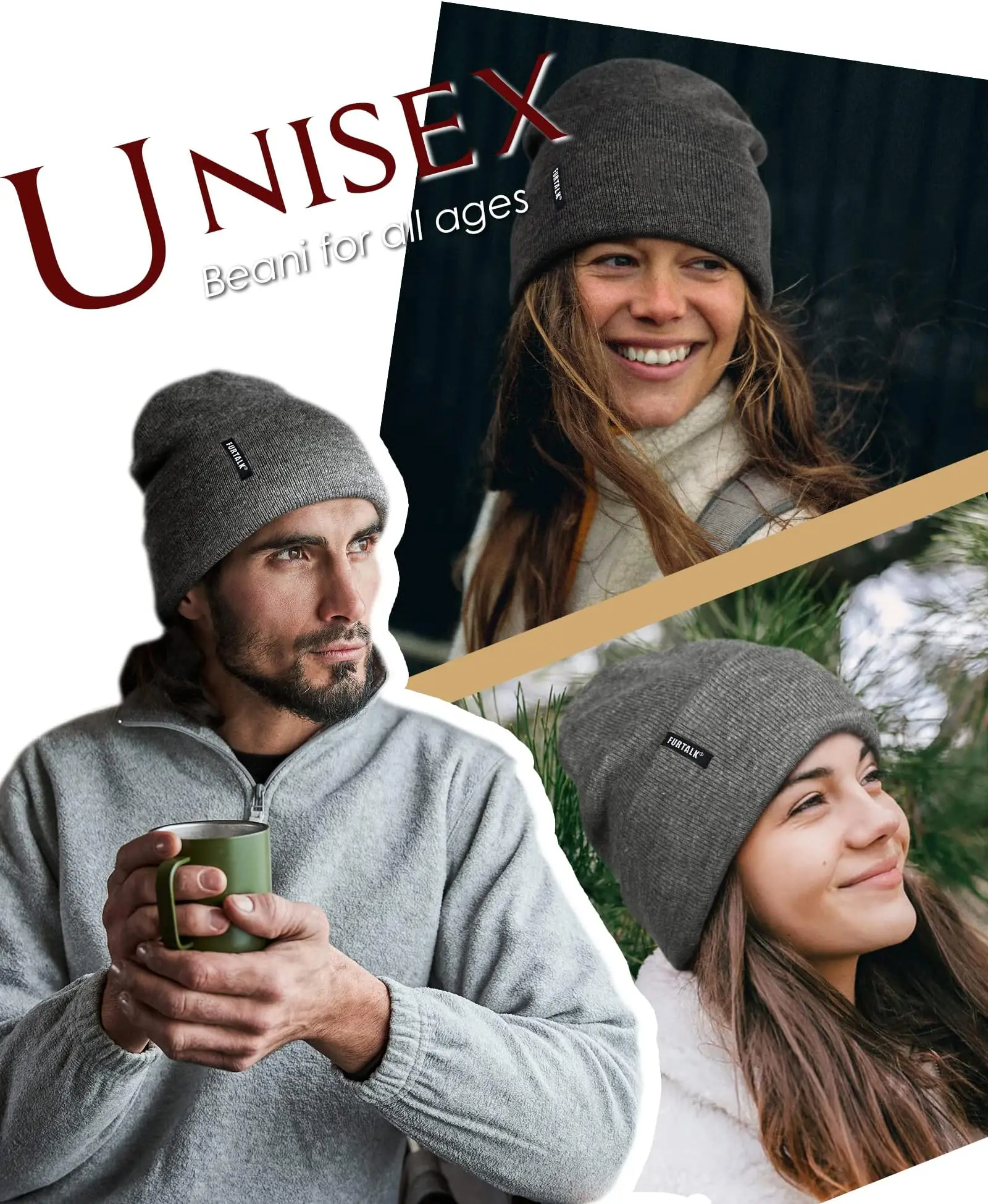 FURTALK-Bonnet chaud unisexe pour femme et homme, casquette coréenne noire et rouge, Skullies, automne et hiver