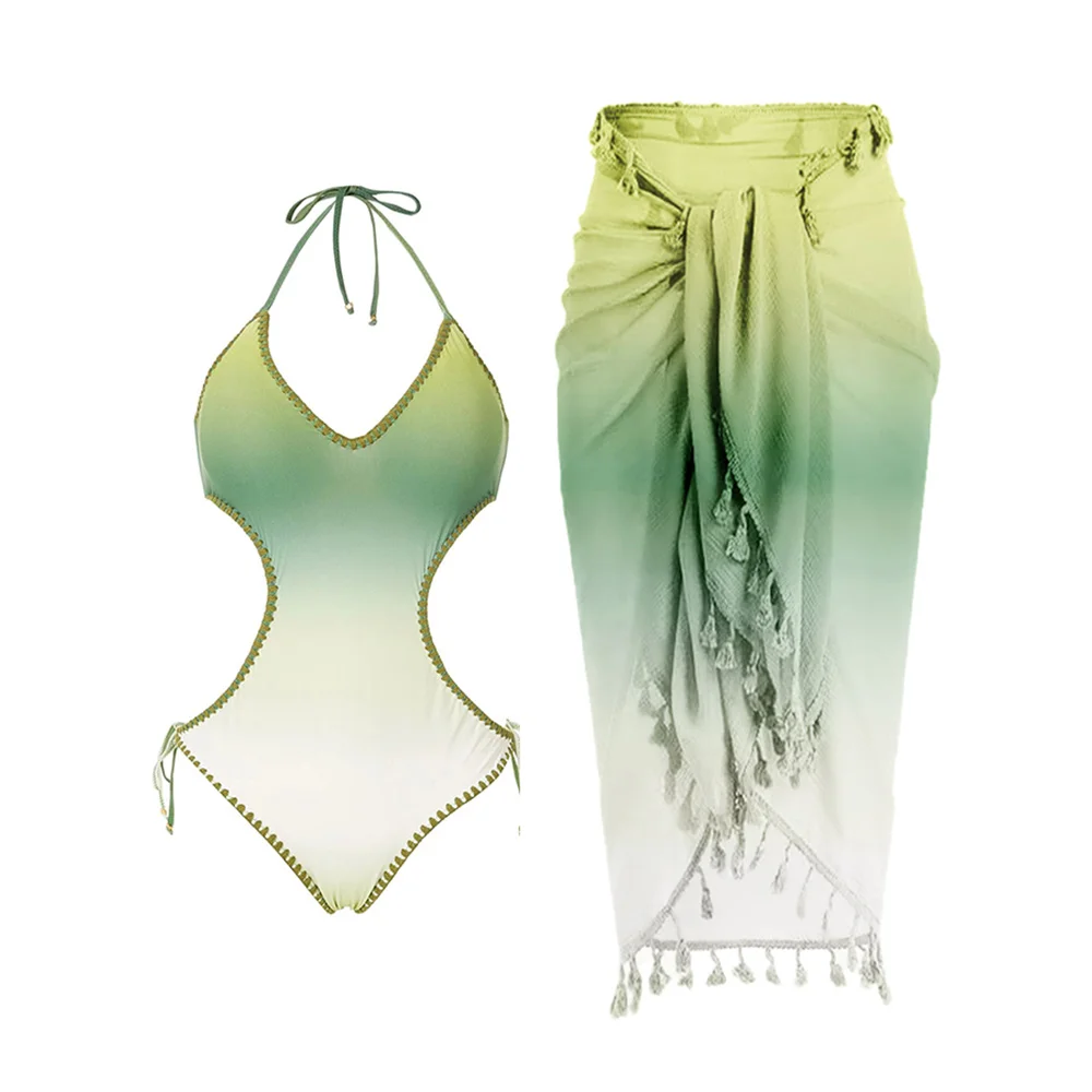 

Fashion Colorblock Gradient Print Fringe Vintage One Piece Swimsuit Set Holiday Beach Dress Designer Bathing Suit