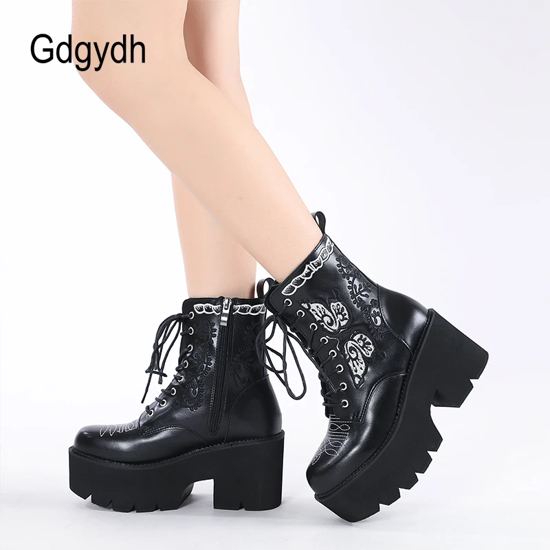 Gdgydh Women's Platform Boots Lace Up and Zipper Chunky Heels
