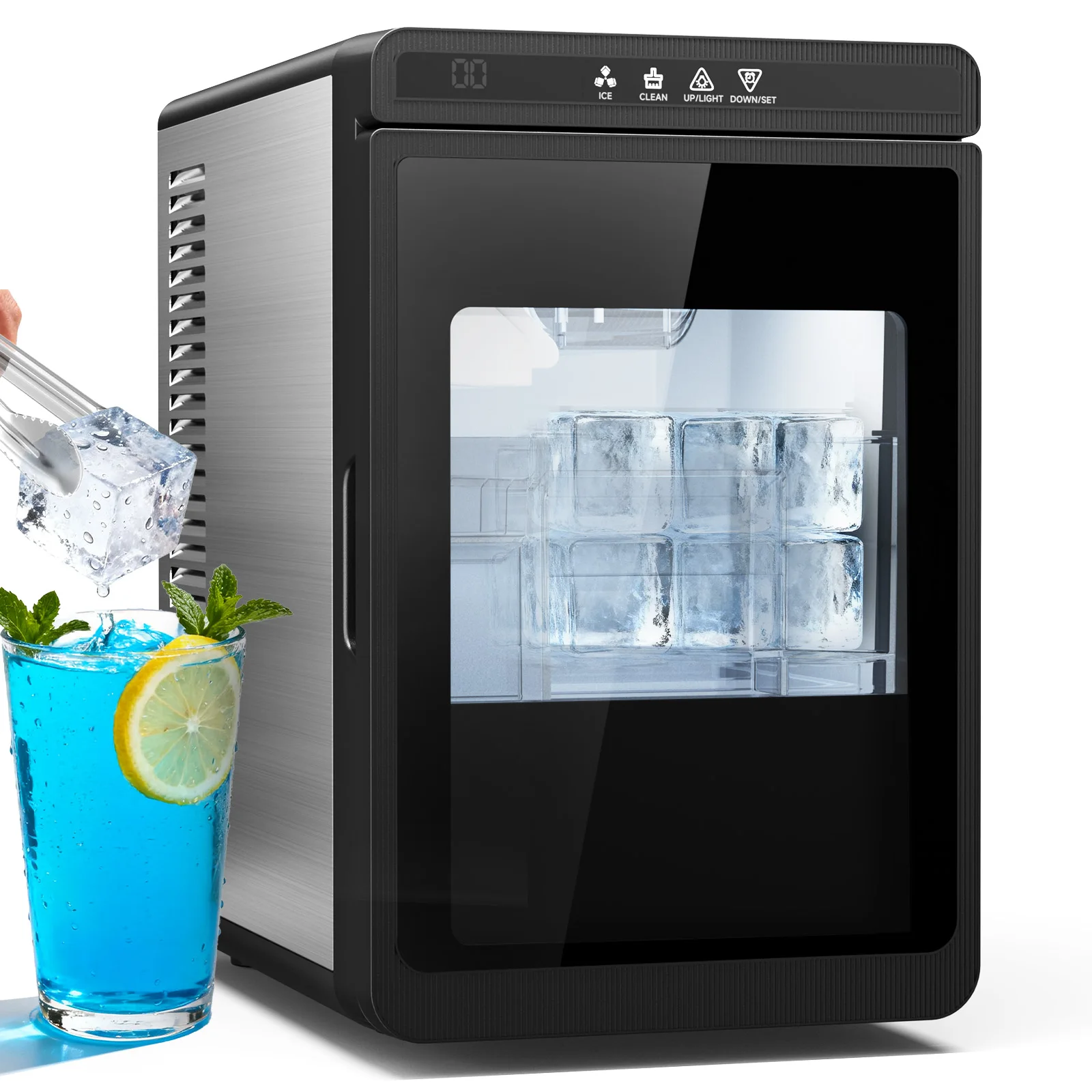 Compact Countertop Ice Maker 22lbs Daily Output 1.6" Square Cubes Self-Cleaning LED Light