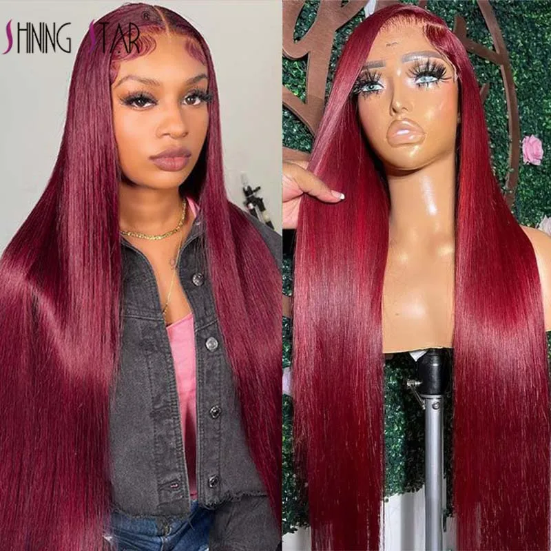 

Burgundy 99J HD Lace Front Human Hair Wigs Straight Red 13x6 Transparent Lace Frontal Wigs For Women Pre Plucked Colored Wig