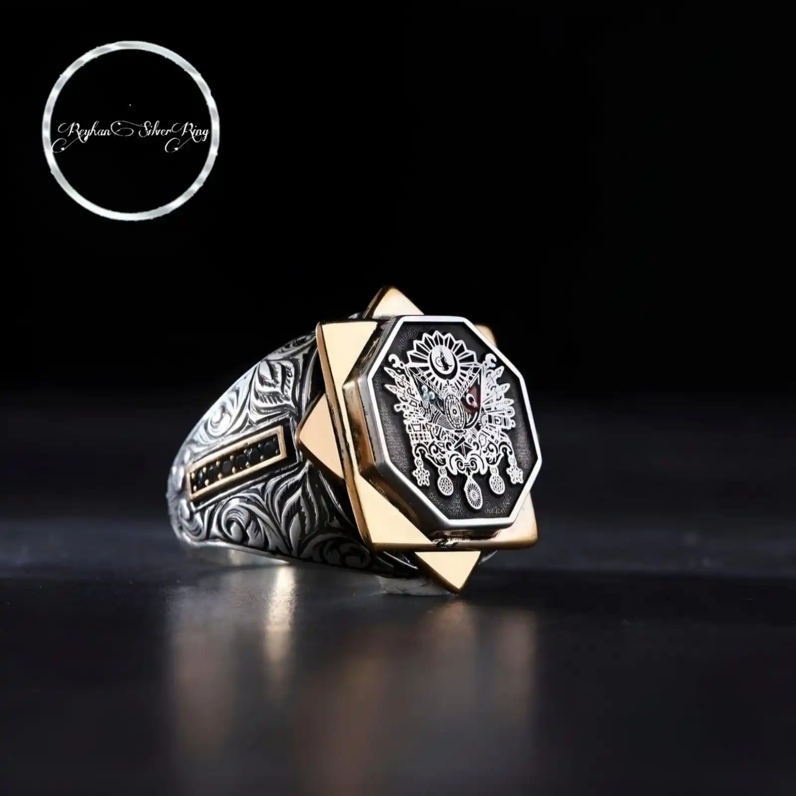 

Ottoman Flag Silver Men's Ring, Handmade Unique Ottoman Jewelry with Engraving Pattern, Turkish Gift for Man, Adjustable Gifts