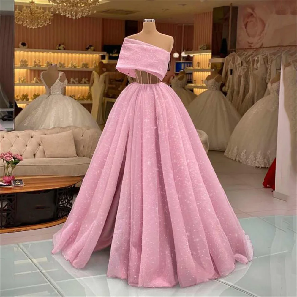 

Elegant Pink Lace Tube Top Evening Dress Off Shoulder Sleeveless Pleated Party Dress High Slit Strap Train Ball Gown Vestido De