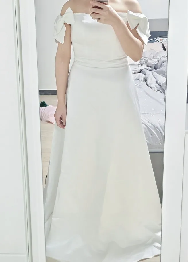 Sweet Bow Off The Shoulder Wedding Dresses New Satin Black Evening Dress Elegant Floor-length A Line Simple Sukienka Na Wesele photo review
