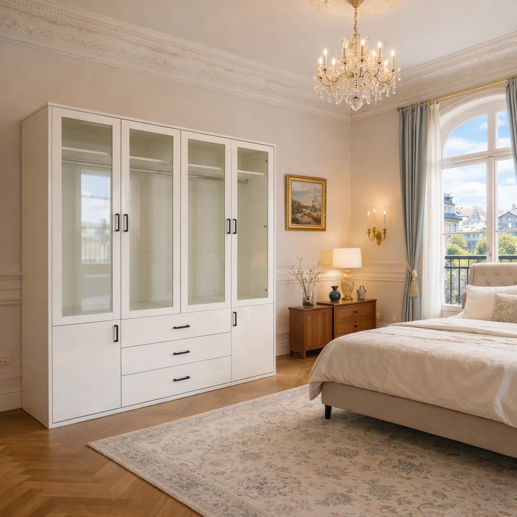Kleiderschrank Weiß mit Ganzkörperspiegel und 4 Schubladen, schmaler Schrank modern, Mehrzweckschrank mit Drehtüren, Flurschrank Garderobenschrank für Schlafzimmer – Detail 4