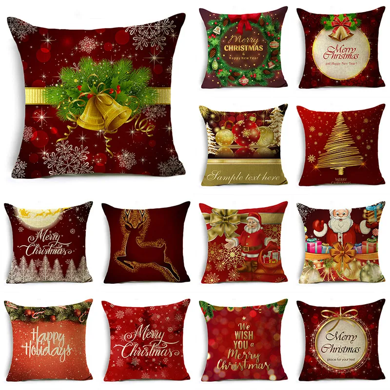 

TFAN Christmas Red Wreath Pattern Cushion Cover Multiple Sizes Linen Decorative Pillow Case Throw Pillow Cover 40cm 45cm 50cm
