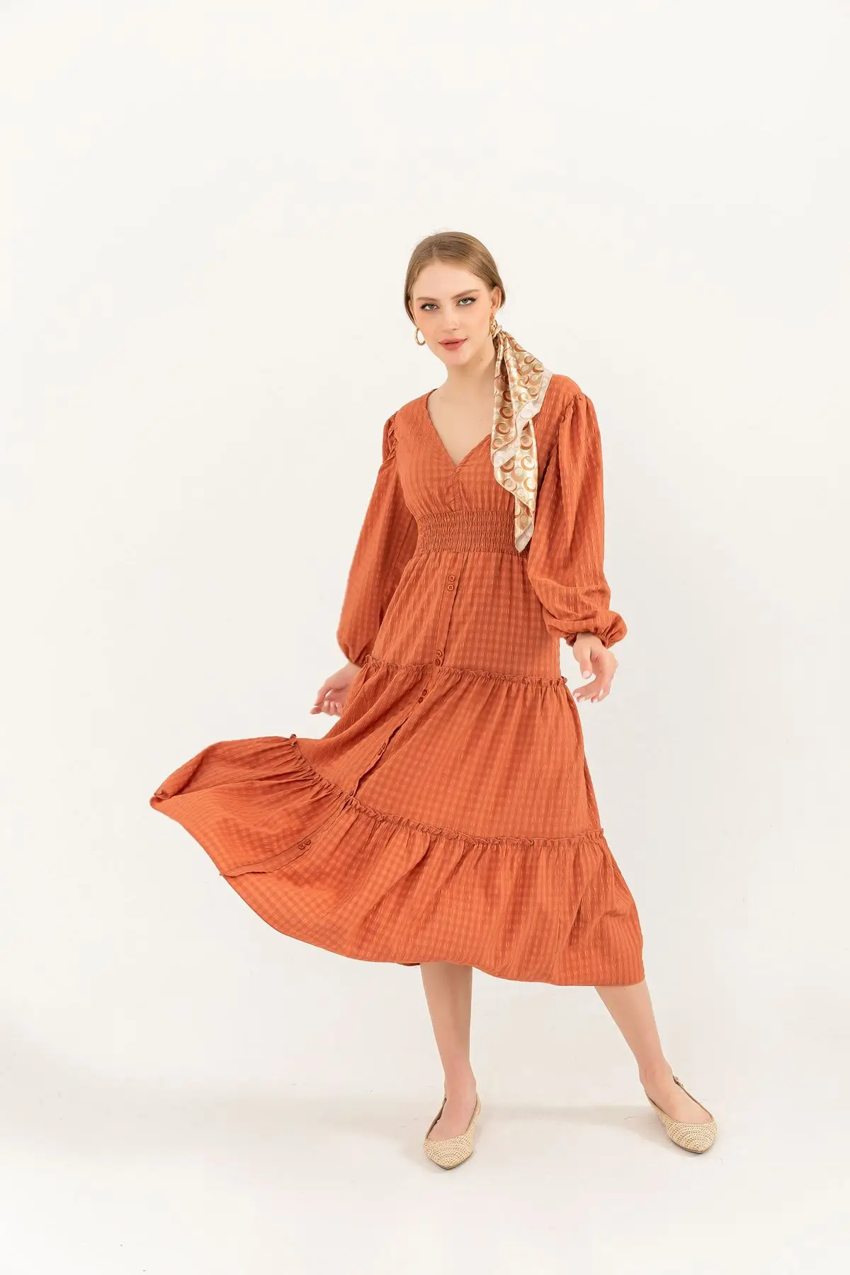 

Seersucker Fabric V-Neck Gipeli Midi Length Women Dress 2022 Summer Fashion Casual Clothing 22 Y045