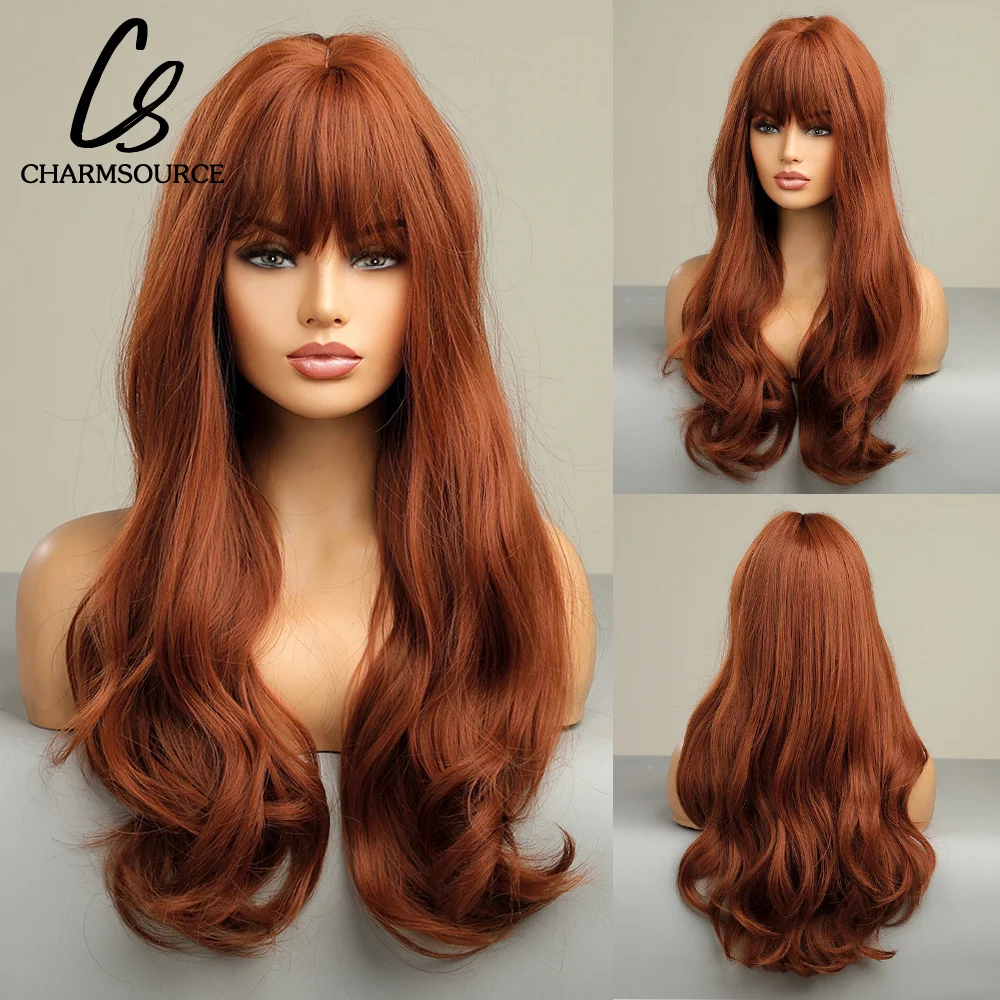 

CharmSource Long Natural Wavy Wig For Women Brown Fake Hair with Bangs Synthetic Wigs Daily Party Cosplay Heat Resistant Fiber