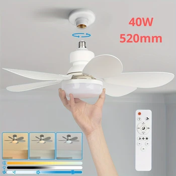 40W Socket Fan Light, 21.5" Screw Ceiling Fan with Light and Remote, E27 Socket Fan with LED for Bathroom, Bedroom, Kitchenfor 1