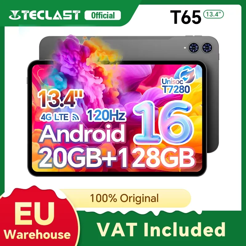 Teclast T65 Android 16 Tablette 13,4 Pouces 1920x1200 120Hz T7280 8 Cœurs Max 20 go de RAM (8 go + Extension 12 go) 128 go ROM 4G LTE 8000mAh 13MP+5MP 1