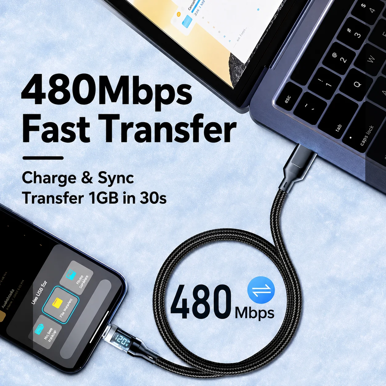 High-Power LED Display USB-C Fast Charging Cable with 480Mbps Data Transfer - Durable Nylon Braided Cord