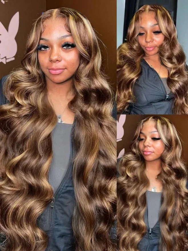 34 Inch13x4 Honey Blonde Ombre Lace Front Wigs Human Hair Pre Plucked 200 Density 4/27 Highlight Colored Body Wave Frontal Wigs 2