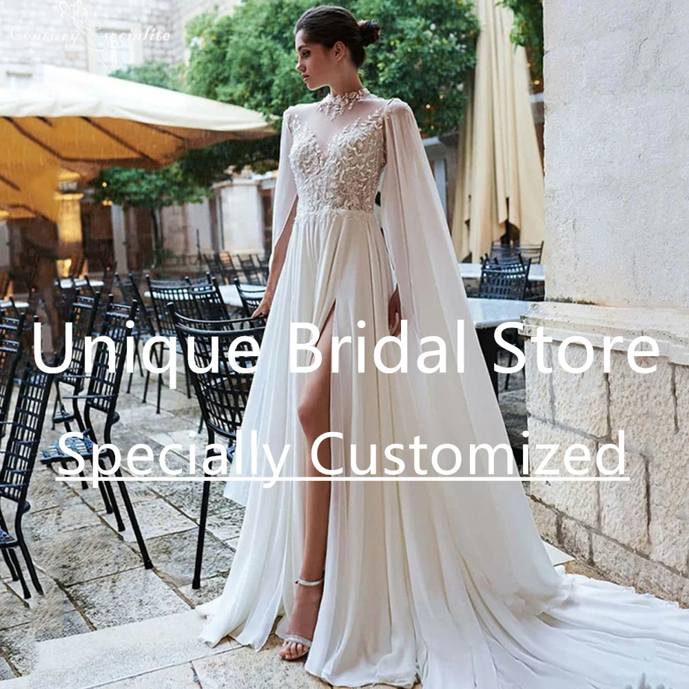 

A-Line Vestido De Noiva Crew-Neck Chiffon Backless Zipper Lace Covered Button Applique High Split Sweep Train Wedding Dress