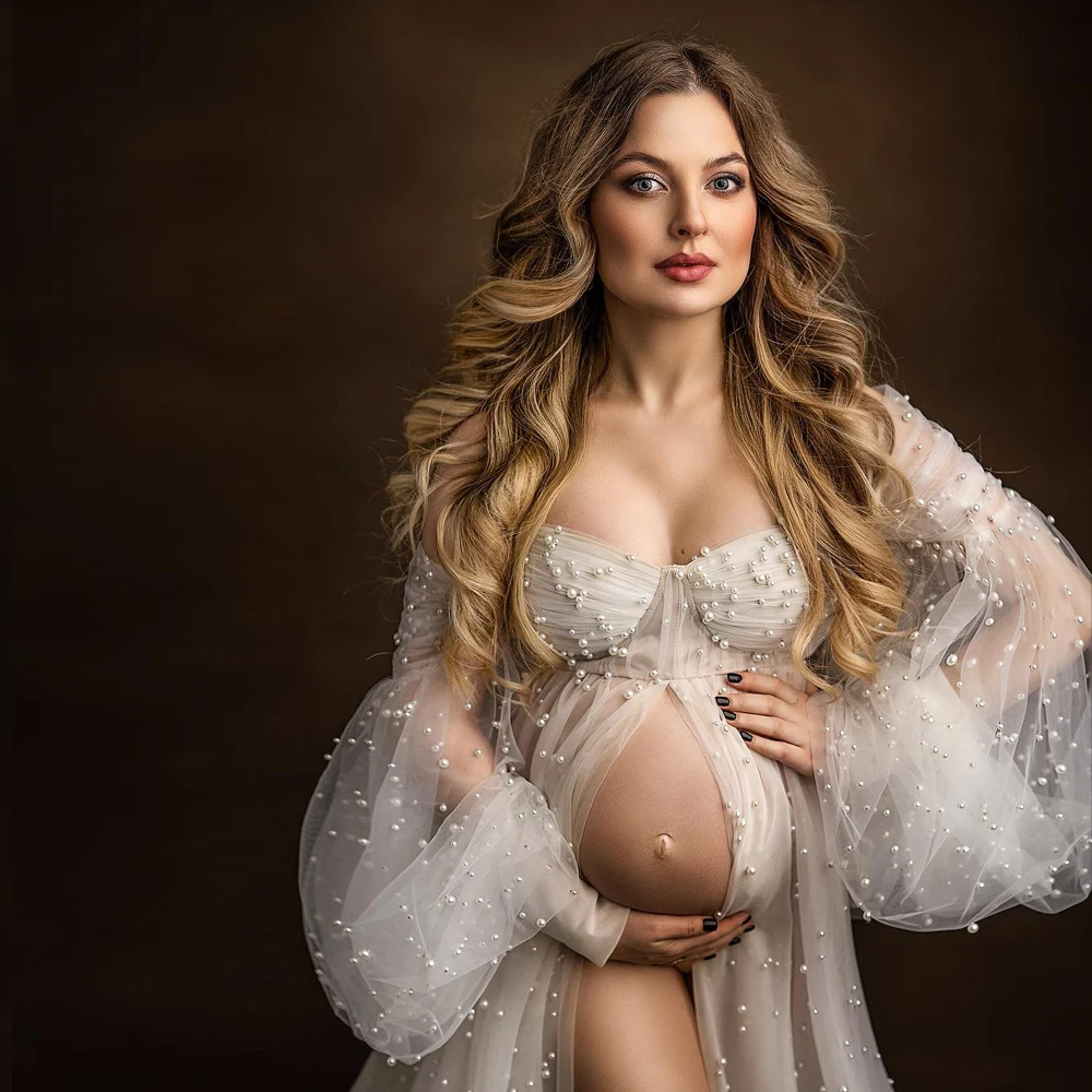 Maternity Photography Gown Pearl Tulle Women Long Sleeve Off Shoulder Dress Photo Shoot For Women Dress Free Shipping free shipping 20 pairs lot sublimation women blank mdf consumables earring can print custom photo wholesales diy new style gifts