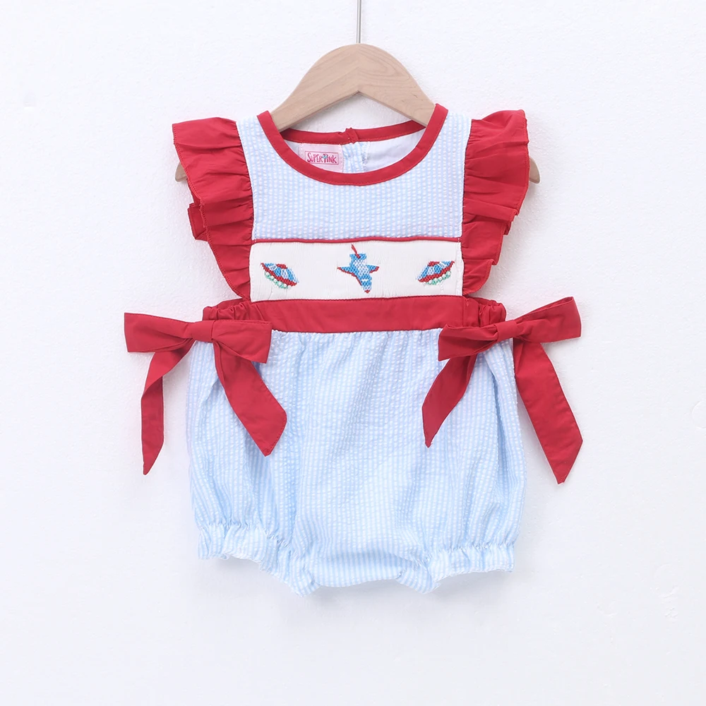 Boutique Baby Boys Clothes Smock Newborn Bluey Romper Aircraft Embroidery Bodysuit Beautiful Toddler Stripe Jumpsuit For 0-3T