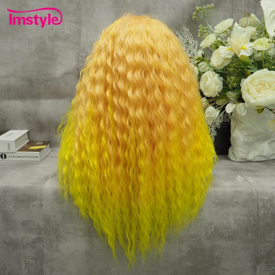 Imstyle Curly Synthetic Lace Front Wig Ombre Orange Wigs For Women Cosplay Deep Wave Wig Two Tone Heat Resistant 22 Inch