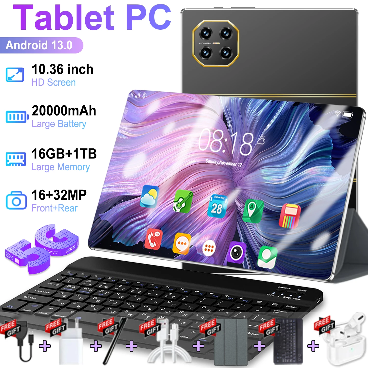 Tablette 5G 2026 Nouvelle Version Globale 10,36 Pouces Android 16 Go RAM 1 To ROM Android 13.0 Double SIM 10 Cœurs Bluetooth Tablette PC Réseau GPS WPS Office