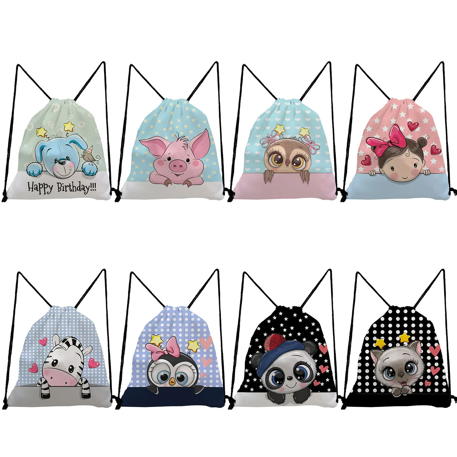 

Shoes Bag Portable Backpacks for Students Drawstring Pocket Cute Owl Penguin Zebra Bear Pig Print Lovely Cartoon Animal Pattern