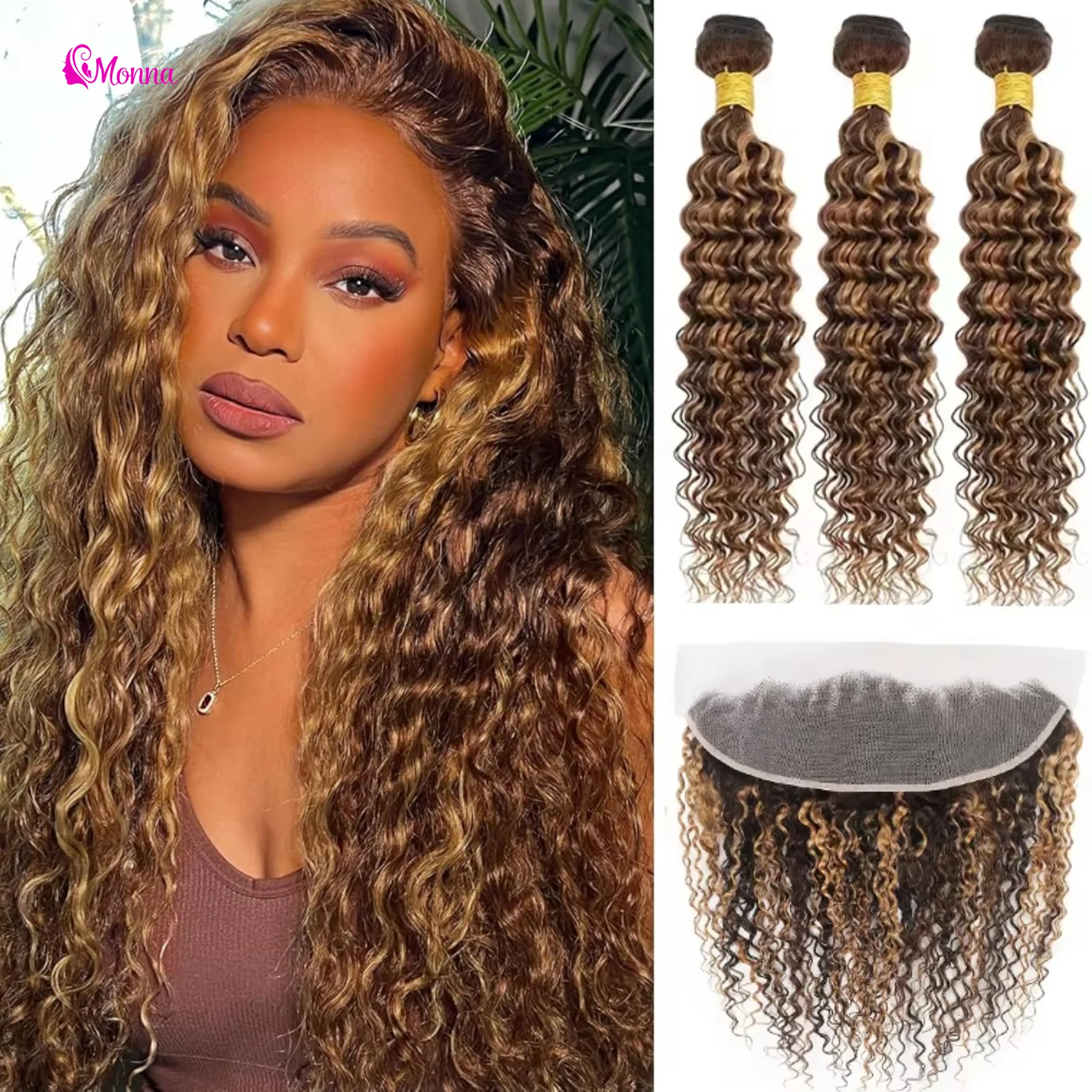 4/27 Highlight Curly Brazilian Hair Weaves Bundles with Frontal 13x4 Lace 3 Pcs Bundles with Closure Deep Wave Human Hair Bundle
