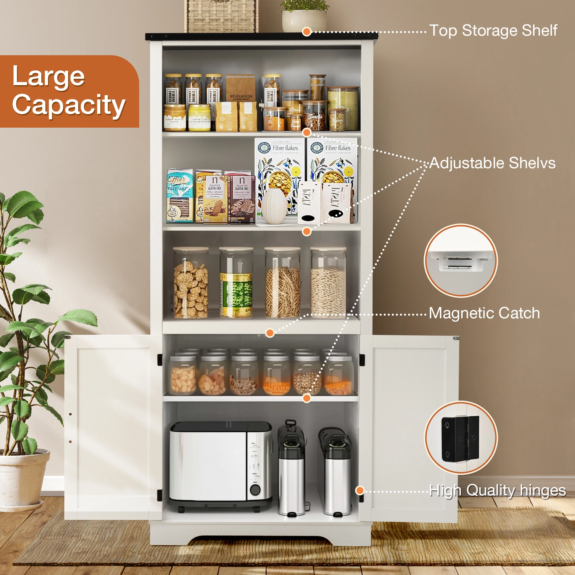 70" Tall Kitchen Pantry Cabinet,Kitchen Pantry Storage Cabinet, Large Farmhouse Wooden Storage Cabinet with 3 Adjustable Shelves 3