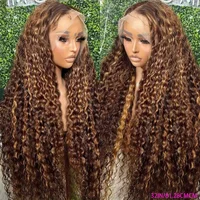 4/ 27 mettre en évidence miel brun bouclés Transparent HD 13x4 dentelle frontale réel perruques de cheveux humains Ombre couleur vague d'eau profonde pleine perruques 4