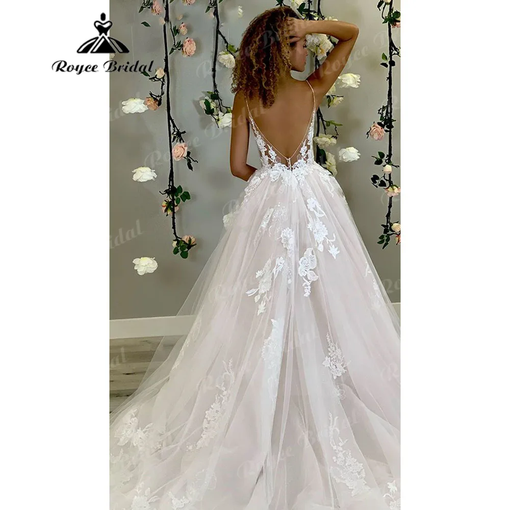 Robe Mariee Sexy Boho Glitter Lace Beach V neck Wedding Dress for Women Spaghetti Straps Bridal Gown Open Back