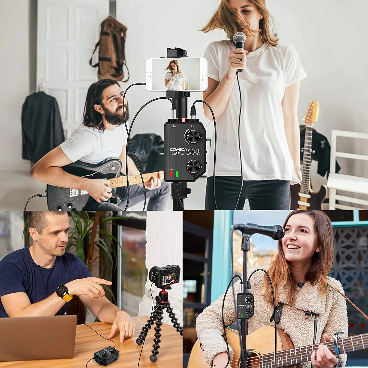 Comica LINKFLEX AD3 2-Channel Microphone Audio Mixer Preamp with Phantom Power, Guitar Audio Interface Microphone for Camera