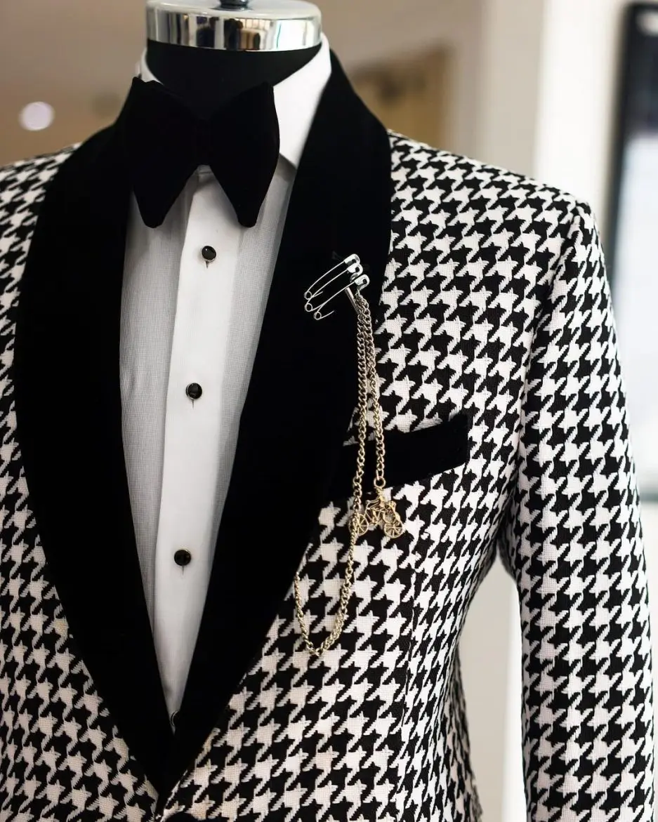 Houndstooth Men's Suit 2 piece Collar Jacket black Pants Wedding Groom Tuxedo size Blazer for Men